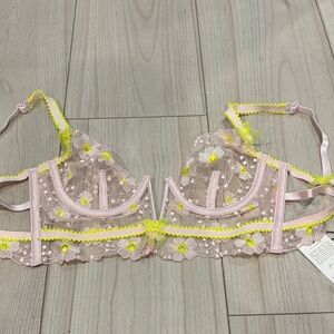 For Love And Lemons Sheer Floral Lace Bra - Pink and Yellow